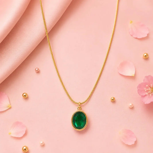Emerald Green Oval Pendant Gold Necklace | Elegant Minimalist Jewelry | Tvayi