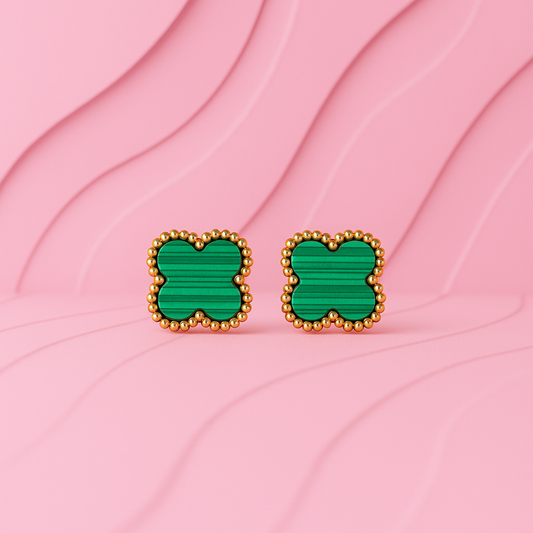 Emerald Clover Stud Earrings – Demi-Fine Malachite-Inspired Design | Tvayi