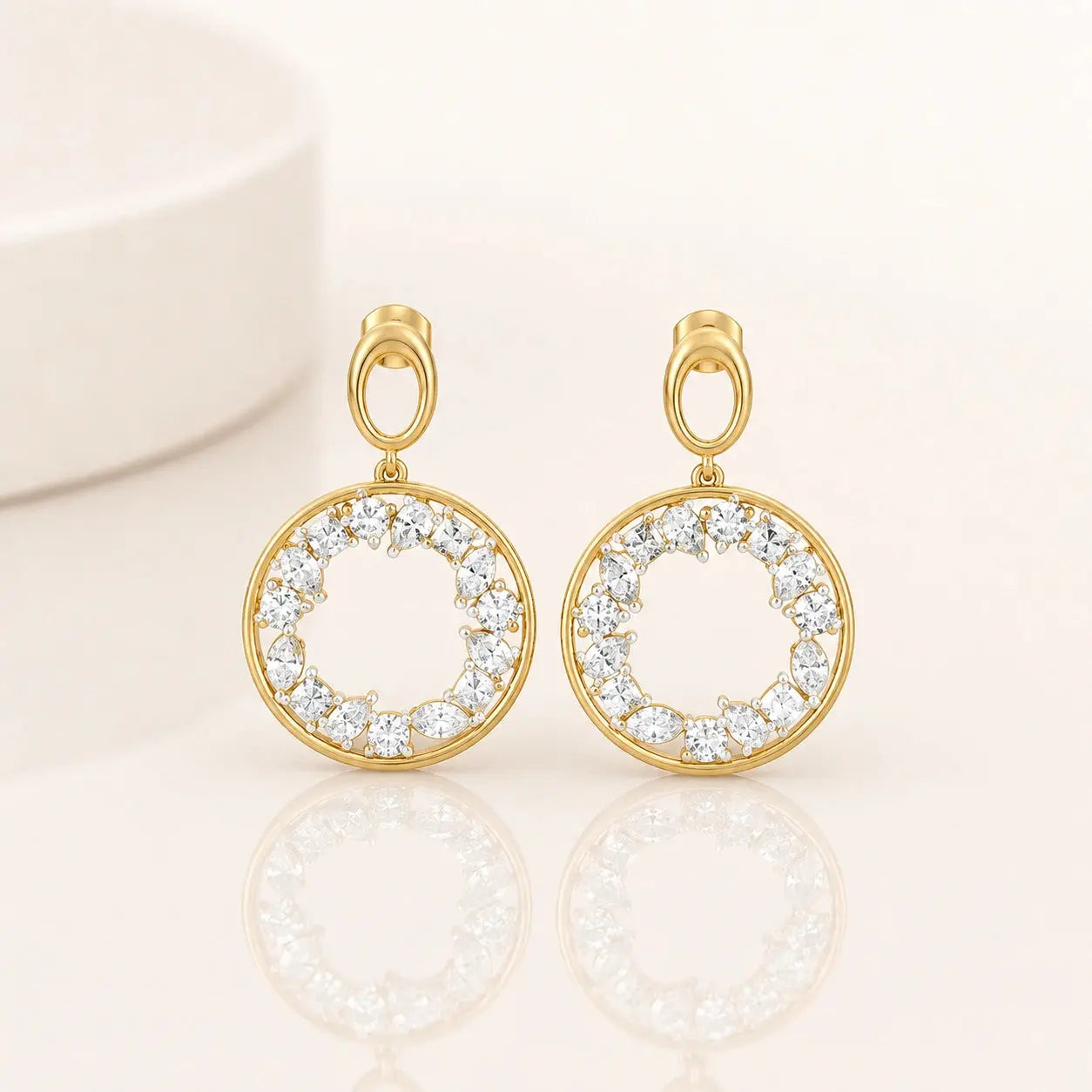 Eterna Diamond Circle Drop Earrings in 9KT Gold | Tvayi