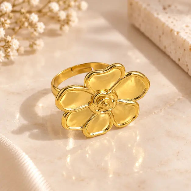 Fleuré 18K Gold Plated Flower Statement Ring on premium cream background – TVAYI