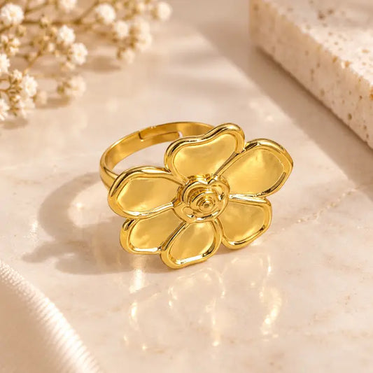 Fleuré 18K Gold Plated Flower Statement Ring on premium cream background – TVAYI