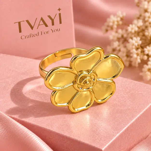 Fleuré 18K Gold Plated Flower Statement Ring close-up finger detail view – TVAYI