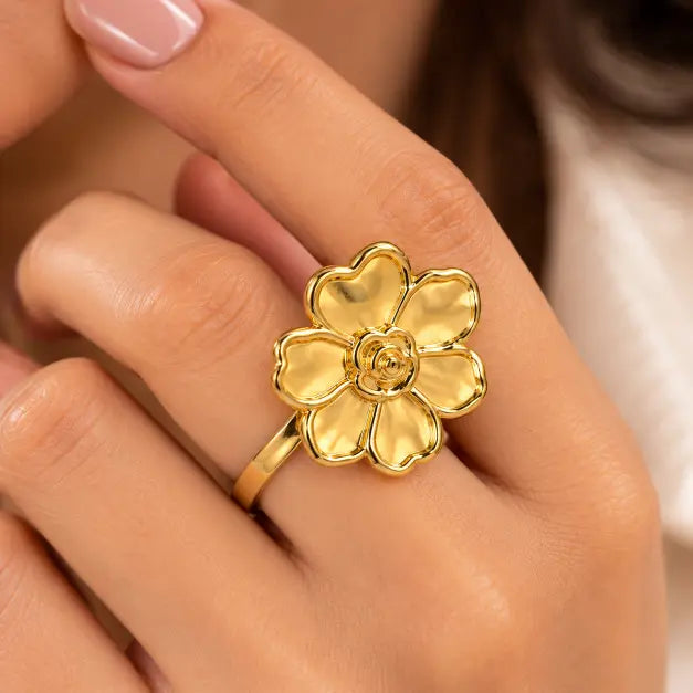 Fleuré Gold Plated Floral Statement Ring detailed view on luxury pink background – TVAYI