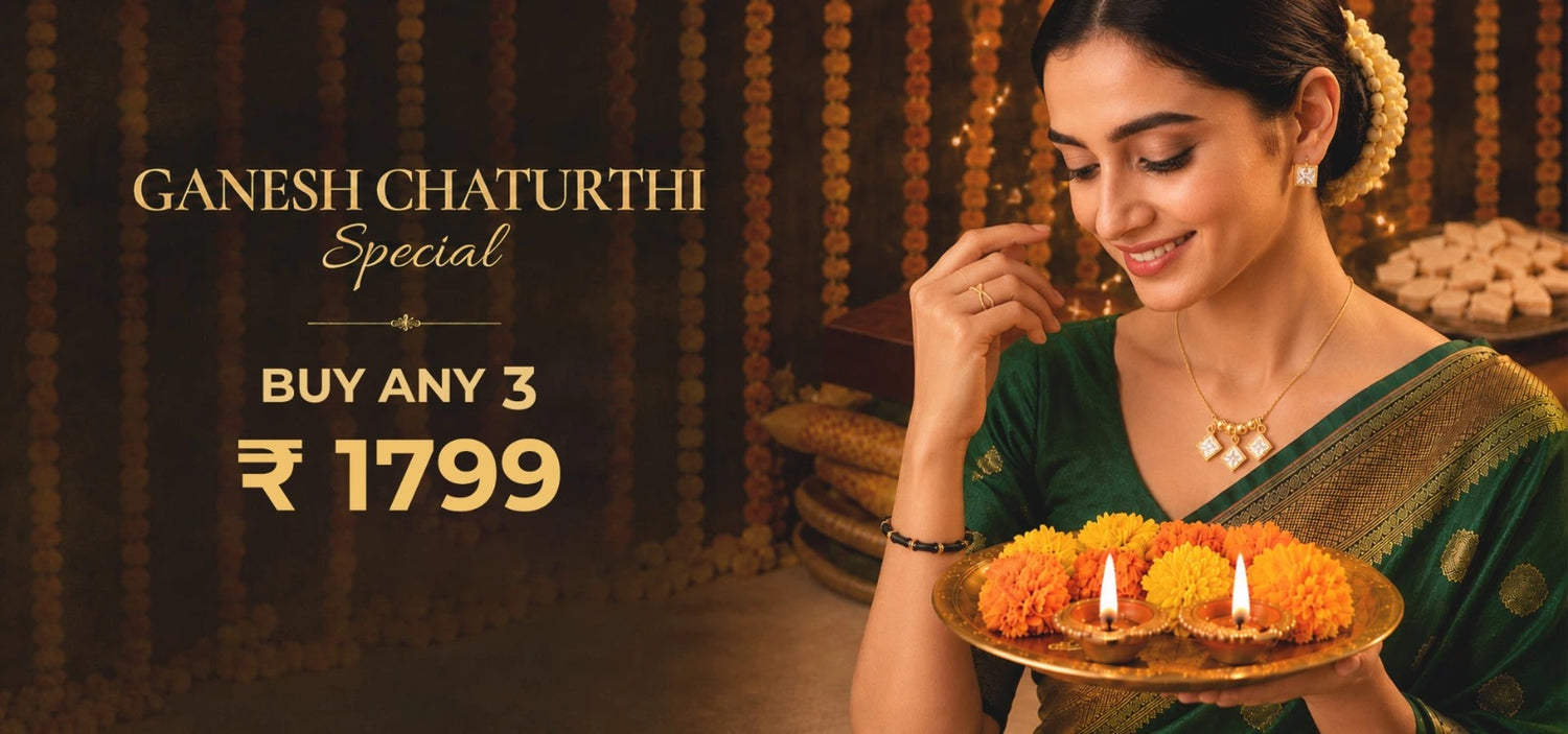 A promotional Ganesh Chaturthi advertisement featuring a woman in a green saree holding a brass plate with marigold oil lamps, alongside text reading 'GANESH CHATURTHI Special BUY ANY 3 €1799'.