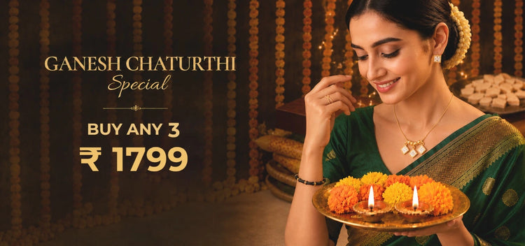 A promotional Ganesh Chaturthi advertisement featuring a woman in a green saree holding a brass plate with marigold oil lamps, alongside text reading 'GANESH CHATURTHI Special BUY ANY 3 €1799'.