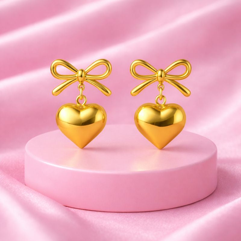 Gold Bow Heart Drop Earrings | Tvayi Jewellery