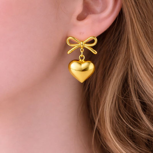 Gold Bow Heart Drop Earrings | Tvayi Jewellery
