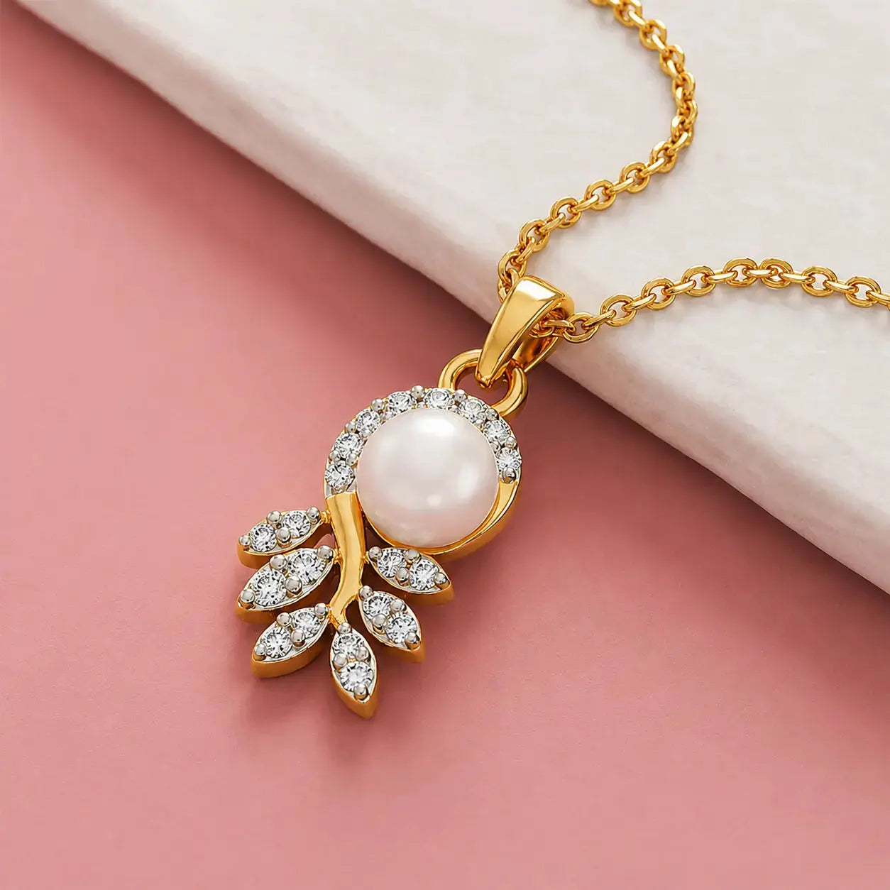 Gold Lab Grown Diamond & Pearl Floral Pendant Necklace for Women | Luxury Fine Jewelry | Tvayi