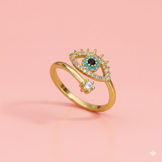 Gold Plated Evil Eye Adjustable Ring with CZ Stones | Tvayi