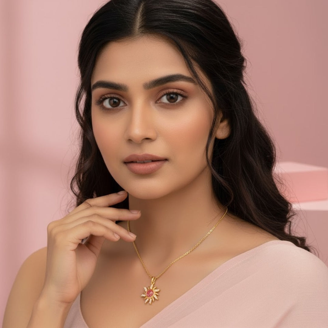 Gold Plated Sunburst Pendant Necklace – Coral Glow Demi-Fine Anti-Tarnish Jewellery | Tvayi