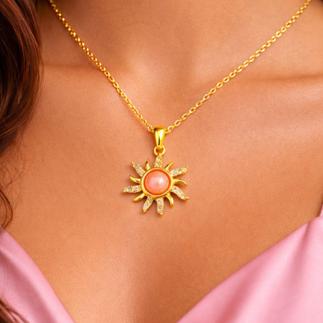 Gold Plated Sunburst Pendant Necklace – Coral Glow Demi-Fine Anti-Tarnish Jewellery | Tvayi