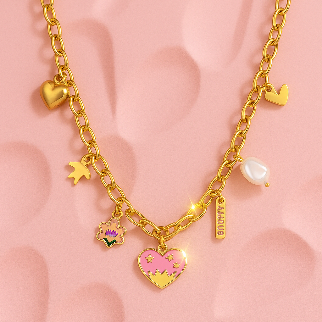 Golden Crown Charm Necklace with Pink Heart & Pearl | Tvayi