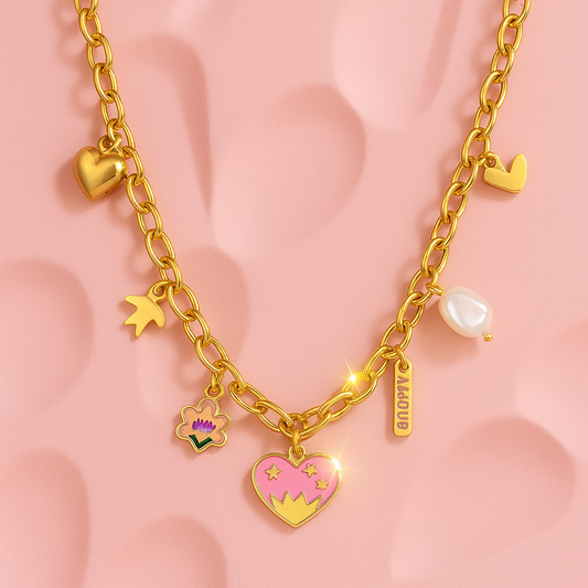 Golden Crown Charm Necklace with Pink Heart & Pearl | Tvayi