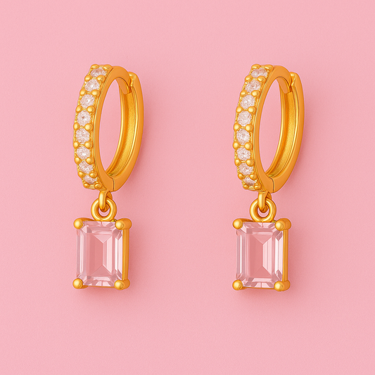 Gold Hoops with Pink Gemstone | Demi-Fine Jewellery | Tvayi
