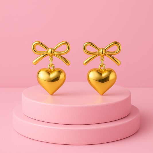 Gold Bow Heart Drop Earrings | Tvayi Jewellery