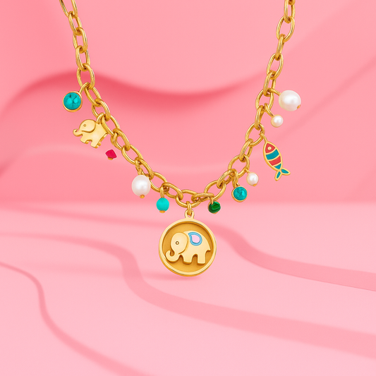 Golden Safari Charm Necklace with Elephant, Fish & Pearls | Tvayi