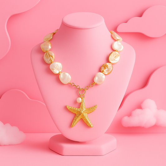 Golden Starfish & Pearl Statement Necklace | Tvayi
