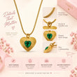 Gold heart pendant necklace with a green heart-shaped stone, shown on a pink background with feature callouts, close-up inset images, and product benefits text.