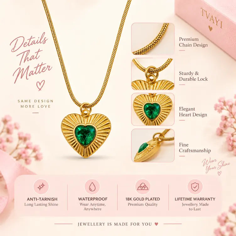 Gold heart pendant necklace with a green heart-shaped stone, shown on a pink background with feature callouts, close-up inset images, and product benefits text.
