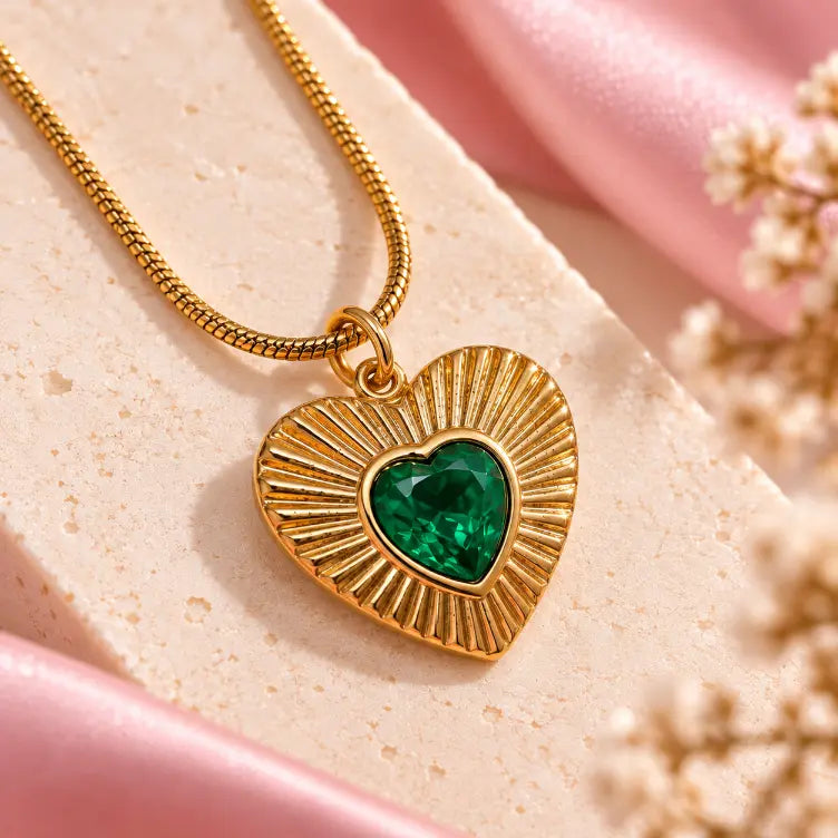 18K gold plated green heart pendant necklace with heart-shaped gemstone displayed on a premium cream background
