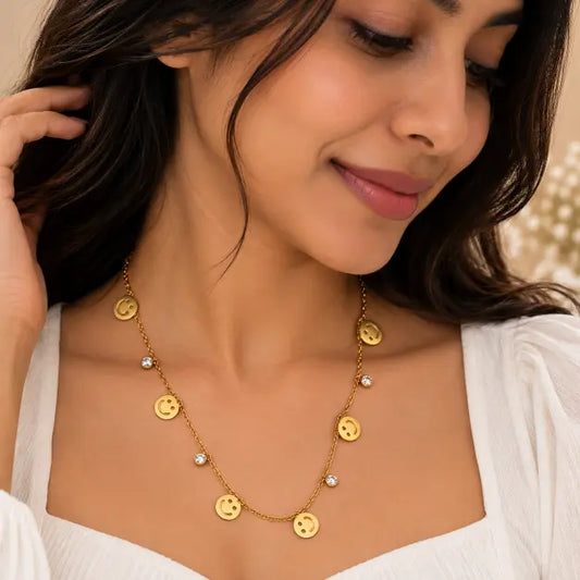 ndian woman wearing Happy Vibes 18K Gold Plated Smiley Charm Necklace – TVAYI