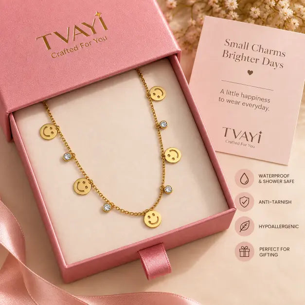 Happy Vibes 18K Gold Plated Smiley Charm Necklace premium gifting presentation – TVAYI