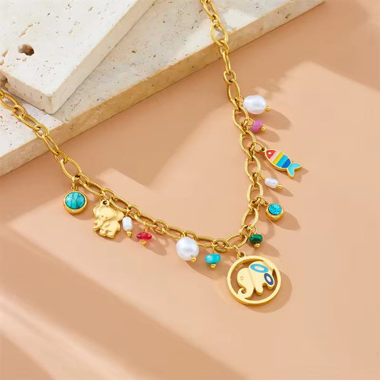 Golden Safari Charm Necklace with Elephant, Fish & Pearls | Tvayi