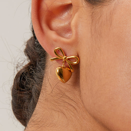 Gold Bow Heart Drop Earrings | Tvayi Jewellery