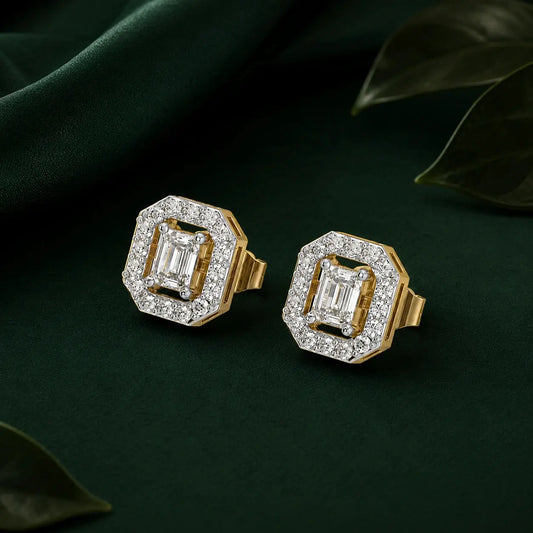 Imperia Emerald-Cut Halo Diamond Stud Earrings in 9KT Gold | Tvayi