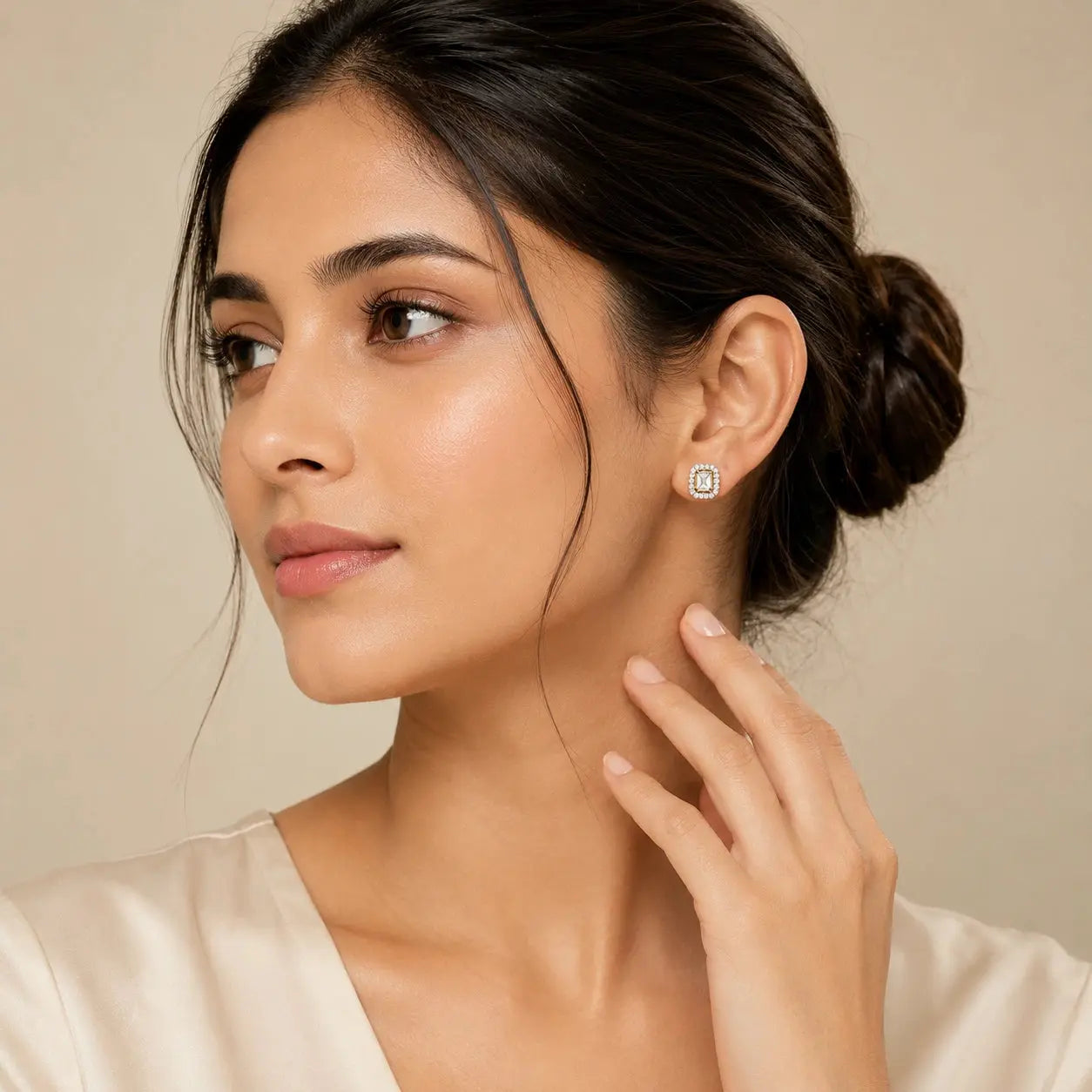 Imperia Emerald-Cut Halo Diamond Stud Earrings in 9KT Gold | Tvayi