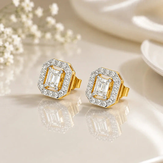 Imperia Emerald-Cut Halo Diamond Stud Earrings in 9KT Gold | Tvayi