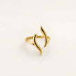 A gold open ring with a minimalist, abstract wavy design, photographed on a clean white background. – Luna Wave Adjustable Ring
