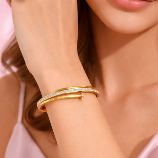 Luxury Zirconia Nail Bracelet for Women | 18K Gold Plated Demi-Fine Open Bangle | Tvayi