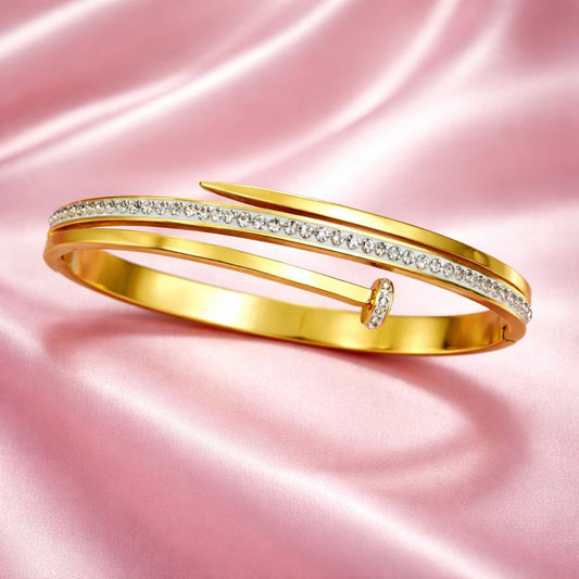 Luxury Zirconia Nail Bracelet for Women | 18K Gold Plated Demi-Fine Open Bangle | Tvayi