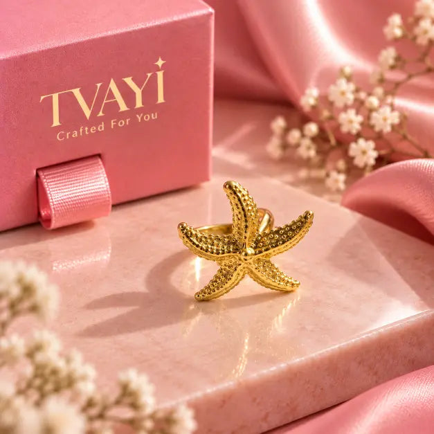 Marina Gold Plated Starfish Ring on luxury pink setup with TVAYI jewellery box