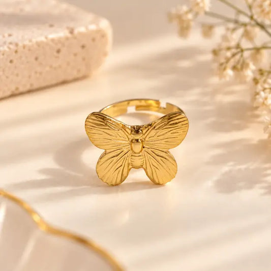 Mariposa 18K Gold Plated Butterfly Statement Ring on premium cream background – TVAYI