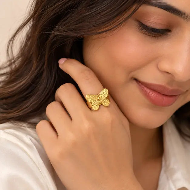 Indian woman wearing Mariposa 18K Gold Plated Butterfly Statement Ring – TVAYI
