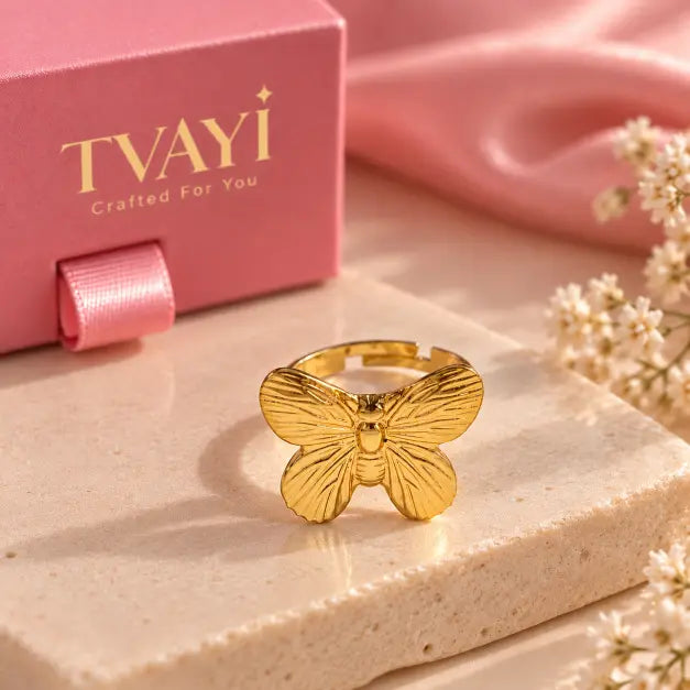 Mariposa 18K Gold Plated Adjustable Butterfly Ring premium product detail – TVAYI