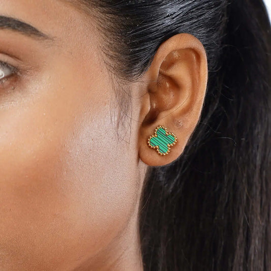 Emerald Clover Stud Earrings – Demi-Fine Malachite-Inspired Design | Tvayi