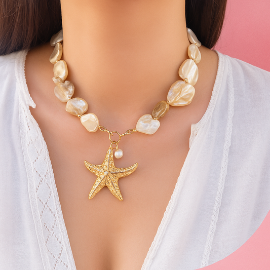 Golden Starfish & Pearl Statement Necklace | Tvayi