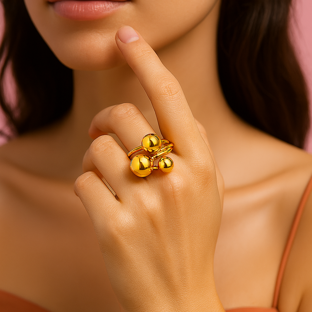 Bold Triple Ball Gold Ring – Adjustable & Statement Piece | Tvayi Jewellery