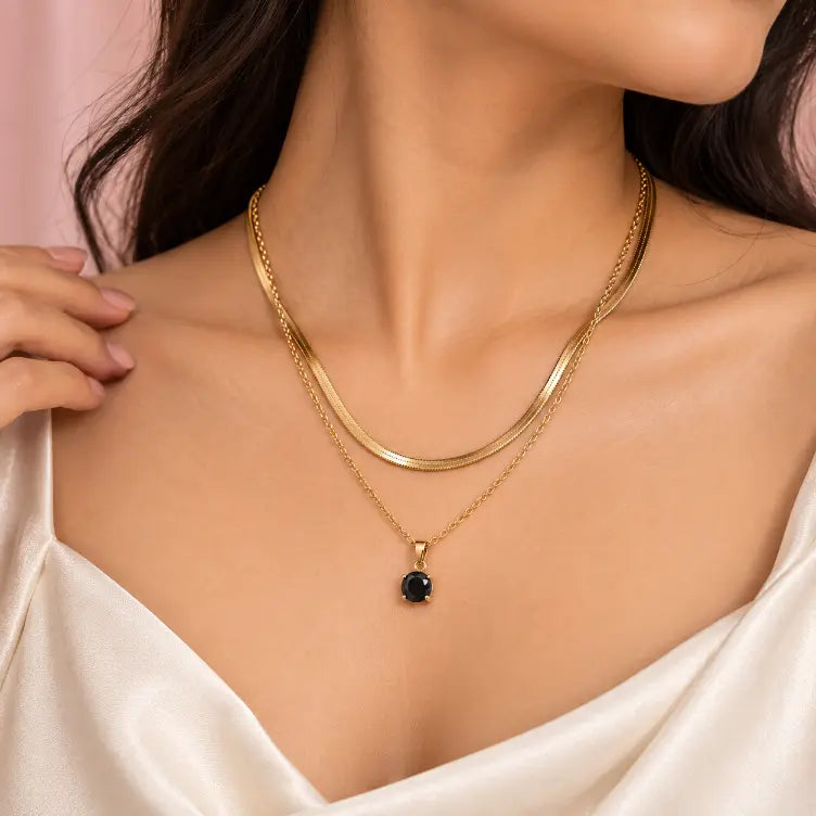 Woman Wearing 18K Gold Plated Layered Necklace