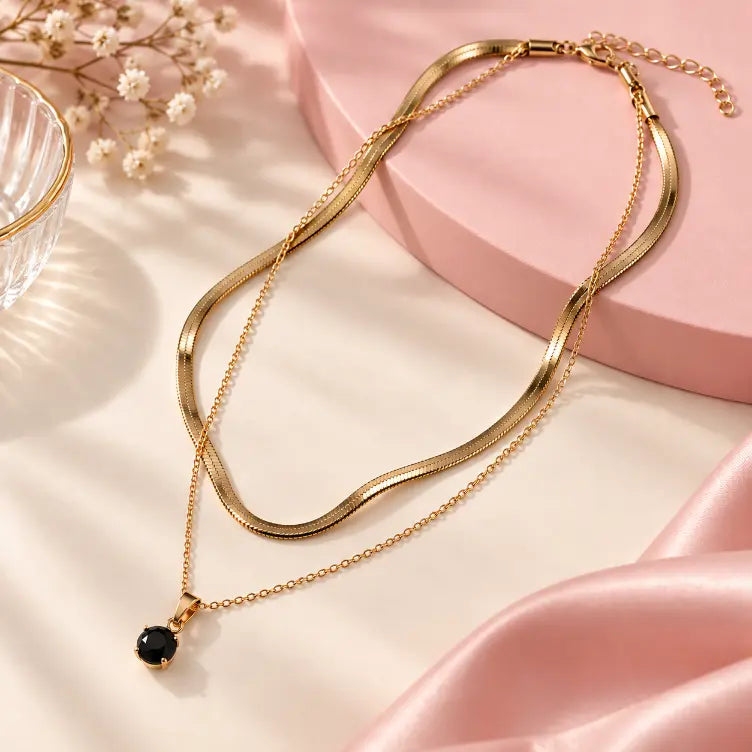 18K Gold Plated Necklace with Black Pendant