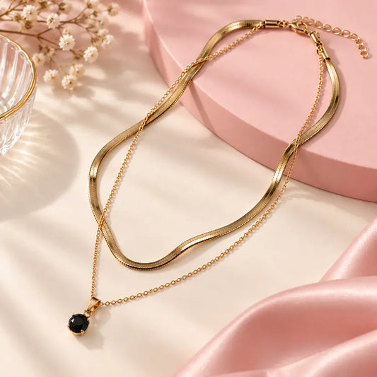 18K Gold Plated Necklace with Black Pendant