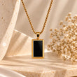 Noiré 18K Gold Plated Black Rectangular Pendant Necklace premium hanging detail view – TVAYI