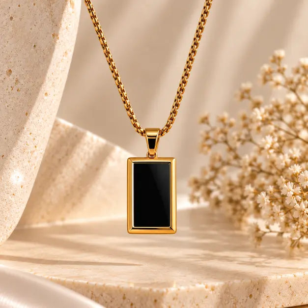 Noiré 18K Gold Plated Black Rectangular Pendant Necklace premium hanging detail view – TVAYI