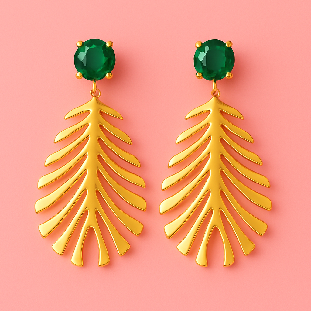 Palm leaf gold statement earrings with emerald green studs | Tvayi