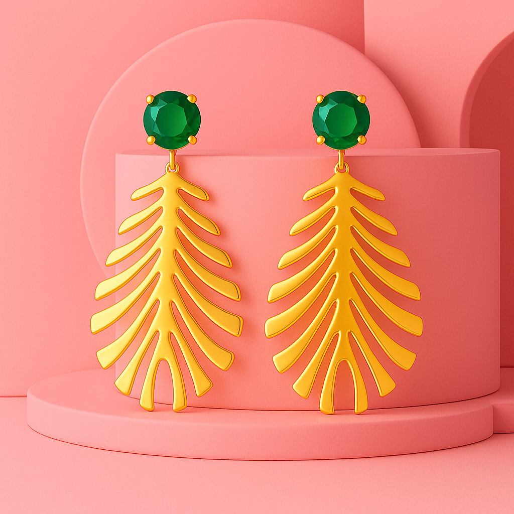 Palm leaf gold statement earrings with emerald green studs | Tvayi