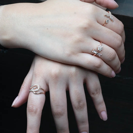 Rose Gold Studded Floral Adjustable Ring Tvayi