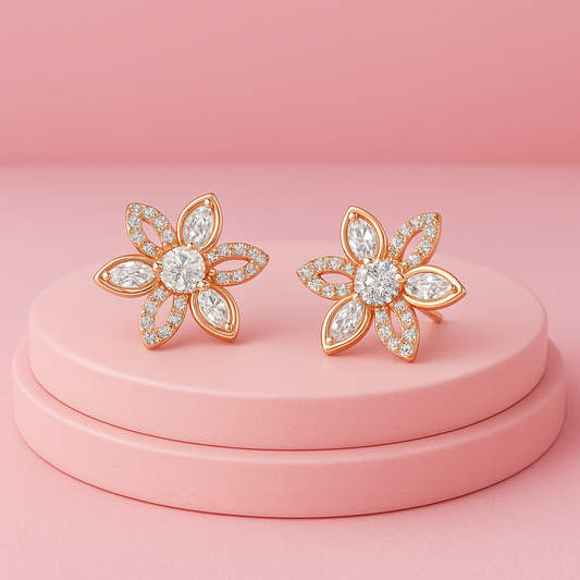 Rose Gold Floral Diamond Stud Earrings | 18K Gold Vermeil Demi-Fine Jewellery | Tvayi Jewellery